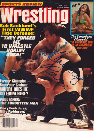 Harley Race & Bob Backlund dual signed Sports Review Wrestling Magazine July 1978