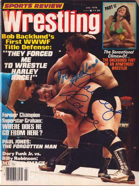 Harley Race & Bob Backlund dual signed Sports Review Wrestling Magazine July 1978