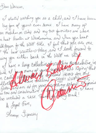 Ultimate Warrior signed Fan Letter