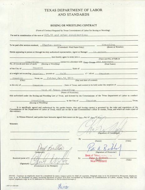 Gino Hernandez signed Texas Wrestling Contract (January 16 1983)