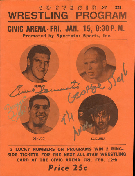 Bruno Sammartino, George Steele & Domenic DeNucci triple signed Wrestling Program No. 332