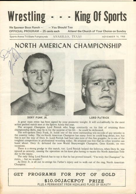 Dory Funk Jr signed Amarillo Texas Event Program (November 14, 1968)
