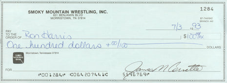 Jim Cornette & Ron Harris dual signed Bank Check
