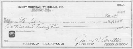 Stan Lane & Jim Cornette dual signed Bank Check