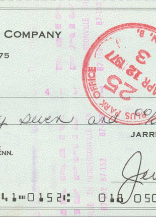 Jerry Jarrett, Bobby Cash (Porkchop Cash) & Ata Johnson triple signed Bank Check