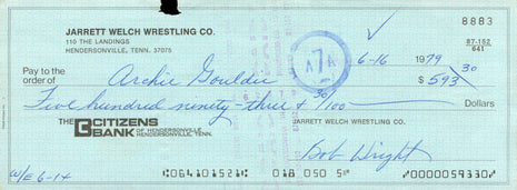 Bob Wright & Archie Gouldie dual signed Bank Check
