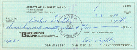 Bob Wright & Archie Gouldie dual signed Bank Check
