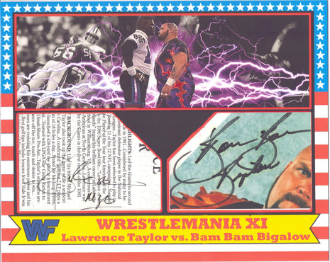 Lawrence Taylor & Bam Bam Bigelow dual signed Jumbo Thick Custom 8x10 Card