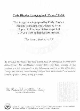 Cody Rhodes signed 8x10 Photo w/Upper Deck Cert 40/75