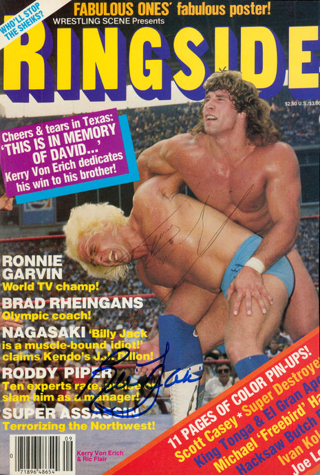 Kerry Von Erich & Ric Flair dual signed Magazine Cover (w/ Beckett)