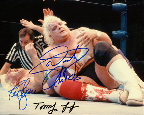 Dusty Rhodes, Tommy Young & Ric Flair triple signed 8x10 Photo