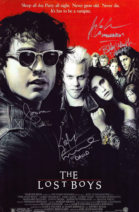Lost Boys - Jason Patric, Kiefer Sutherland, Alex Winter y Billy Wirth, foto de 11 x 17 firmada por varios autores