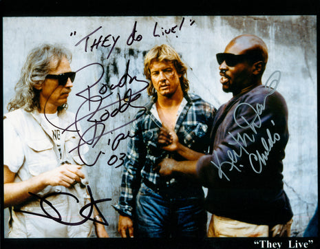 Roddy Piper, Keith David & John Carpenter (They Live) triple signed 8x10 Photo