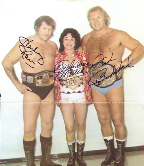 Nick Bockwinkel, Fabulous Moolah & Harley Race triple signed 11x14 Photo