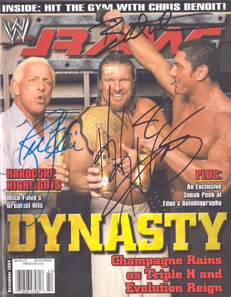 Ric Flair, Triple H & Batista triple signed WWE Raw Magazine November 2004