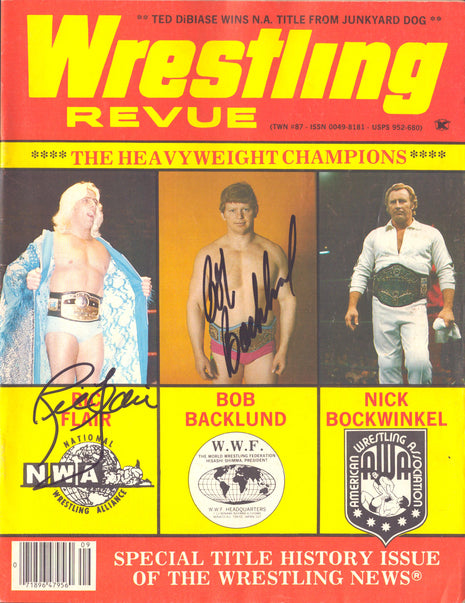 Ric Flair & Bob Backlund dual signed Wrestling Revue Magazine September 1982