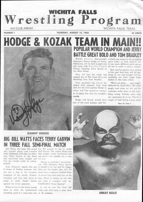 Danny Hodge signed Wichita Falls Wrestling Program August 15 1963