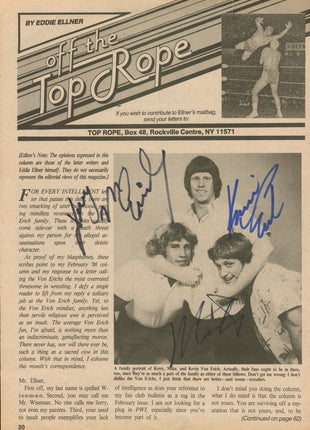 Kerry Von Erich, Kevin Von Erich & Mike Von Erich triple signed Magazine Page