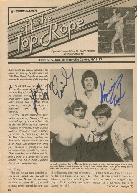Kerry Von Erich, Kevin Von Erich & Mike Von Erich triple signed Magazine Page