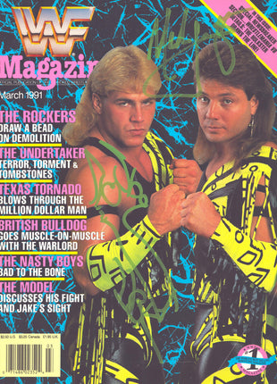 Shawn Michaels & Marty Jannetty dual signed WWF Magazine March 1991 *GREEN PAINT*