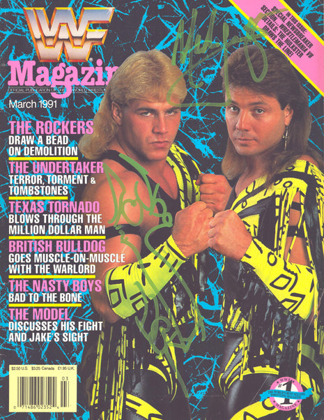 Shawn Michaels & Marty Jannetty dual signed WWF Magazine March 1991 *GREEN PAINT*
