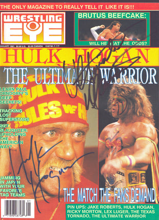 Hulk Hogan & Ultimate Warrior dual signed Wrestling Eye Magazine January 1991