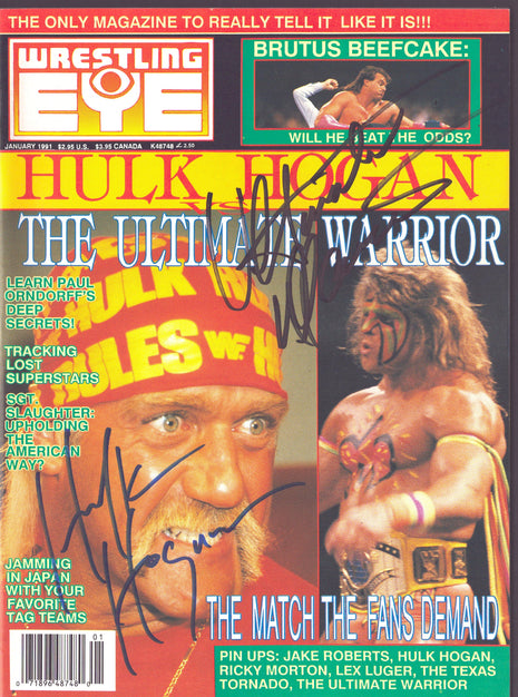 Hulk Hogan & Ultimate Warrior dual signed Wrestling Eye Magazine January 1991
