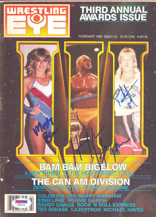 Misty Blue, Hulk Hogan & Ricky Morton triple signed Wrestling Eye Magazine February 1988 (w/ PSA)