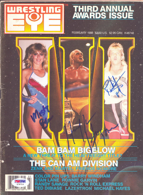 Misty Blue, Hulk Hogan & Ricky Morton triple signed Wrestling Eye Magazine February 1988 (w/ PSA)