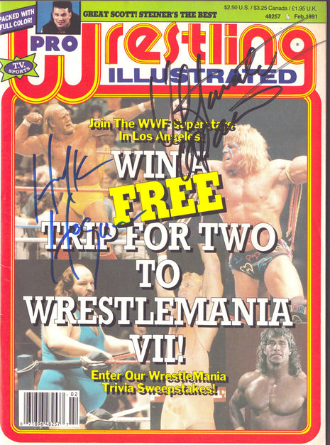 Hulk Hogan & Ultimate Warrior dual signed Pro Wrestling Magazine February 1991