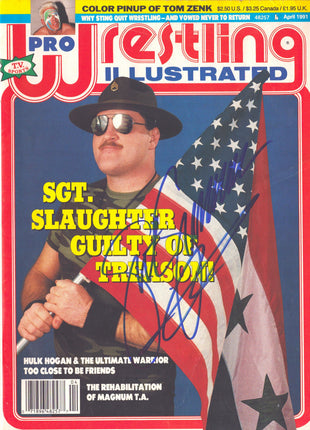 Sgt Slaughter signed Pro Wrestling Illustrated Magazine April 1991 *BLUE SHARPIE*