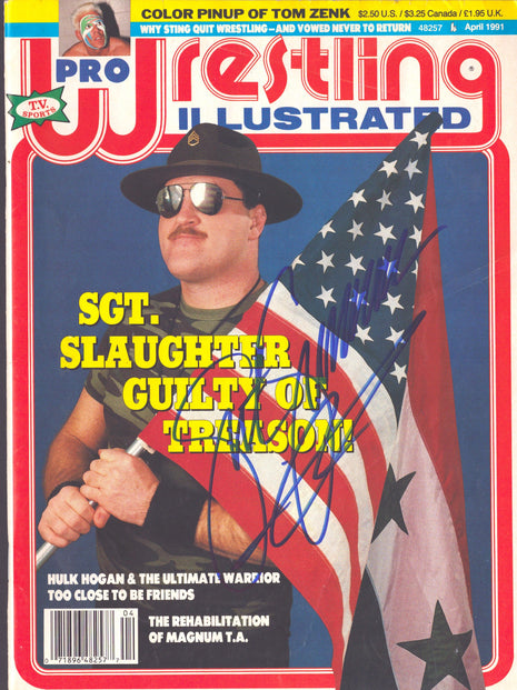 Sgt Slaughter signed Pro Wrestling Illustrated Magazine April 1991 *BLUE SHARPIE*