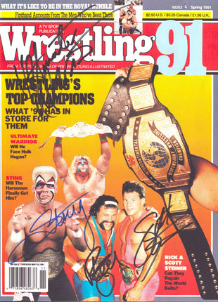 Ultimate Warrior, Sting. Rick Steiner & Scott Steiner multi-signed Wrestling 91 Magazine Spring 1991