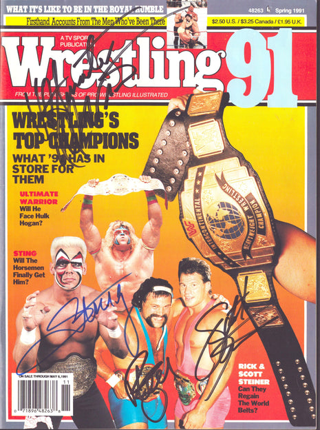 Ultimate Warrior, Sting. Rick Steiner & Scott Steiner multi-signed Wrestling 91 Magazine Spring 1991