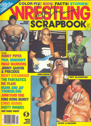 Hulk Hogan, Hawk & Sgt Slaughter triple signed Wrestling Scrapbook Magazine Volume 3 (1985)