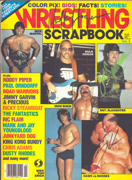 Hulk Hogan, Hawk & Sgt Slaughter triple signed Wrestling Scrapbook Magazine Volume 3 (1985)