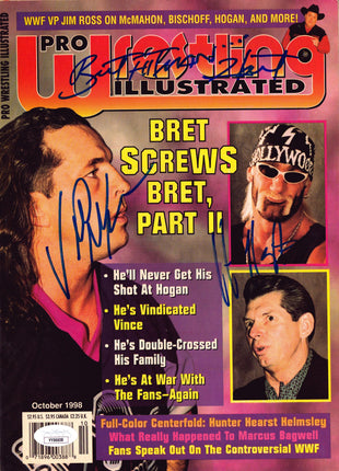 Bret Hart, Vince Mcmahon & Hulk Hogan triple signed Pro Wrestling Illustrated Magazine October 1998 (w/ JSA)