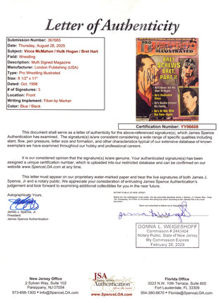 Bret Hart, Vince Mcmahon & Hulk Hogan triple signed Pro Wrestling Illustrated Magazine October 1998 (w/ JSA)