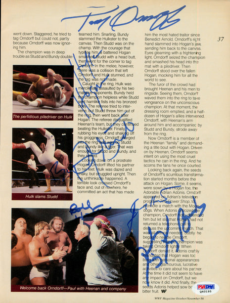 King Kong Bundy, Big John Studd, Hulk Hogan, Bobby Heenan, Jimmy Hart & Paul Orndorff multi-signed Magazine Page (w/ JSA)