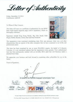 King Kong Bundy, Big John Studd, Hulk Hogan, Bobby Heenan, Jimmy Hart & Paul Orndorff multi-signed Magazine Page (w/ JSA)