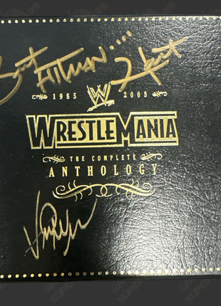 Vince McMahon, Triple H & Bret Hart triple signed WWE WrestleMania Anthology DVD Box Set (w/ WWE COA)