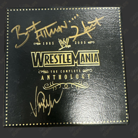 Vince McMahon, Triple H & Bret Hart triple signed WWE WrestleMania Anthology DVD Box Set (w/ WWE COA)