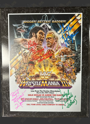 Multi signed WrestleMania 3 Wood Plaque (w/ JSA & PSA)