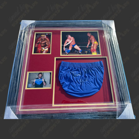 Placa enmarcada con foto firmada de Hulk Hogan y réplica de medias firmadas por Rowdy Roddy Piper