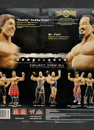 Rowdy Roddy Piper & Mr Fuji dual signed WWE Jakks Classic Superstars Action Figure 2-pack