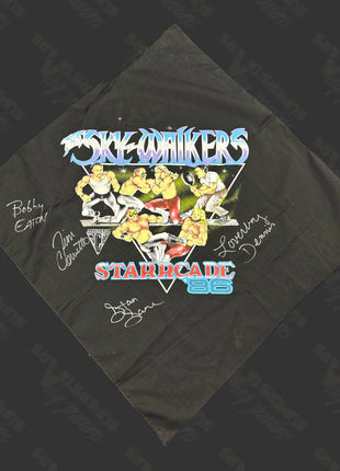Bobby Eaton, Jim Cornette, Dennis Condrey, Stan Lane quad signed original Jim Crockett NWA Wrestling Starrcade 1986 Bandana
