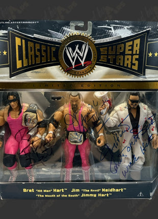 Bret Hart, Jim Neidhart & Jimmy Hart triple signed WWE Jakks Classic Superstars Action Figure