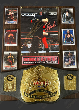 Kane & Undertaker dual signed Wood Plaque with Belt