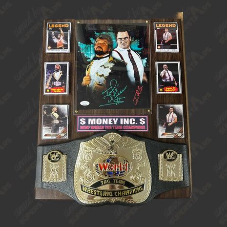 Money Inc - Ted DiBiase & IRS dual signed Wood Plaque with Belt (w/ JSA)