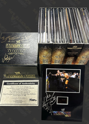 Vince McMahon, Triple H & Bret Hart triple signed WWE WrestleMania Anthology DVD Box Set (w/ WWE COA)